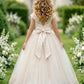 Champagne A Line Round Neck Short Sleeve Lace Tulle Flower Girl Dress
