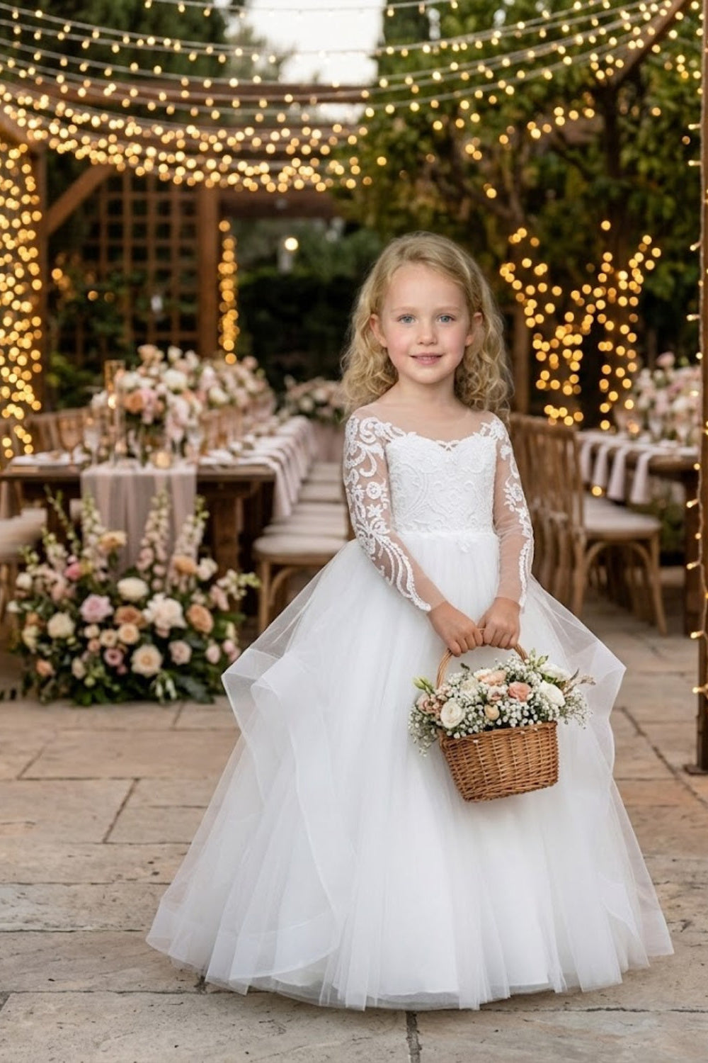 White A Line Round Neck Long Sleeve Lace Tulle Flower Girl Dress