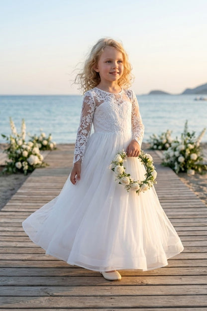 White A Line Round Neck Long Sleeve Tulle Flower Girl Dress