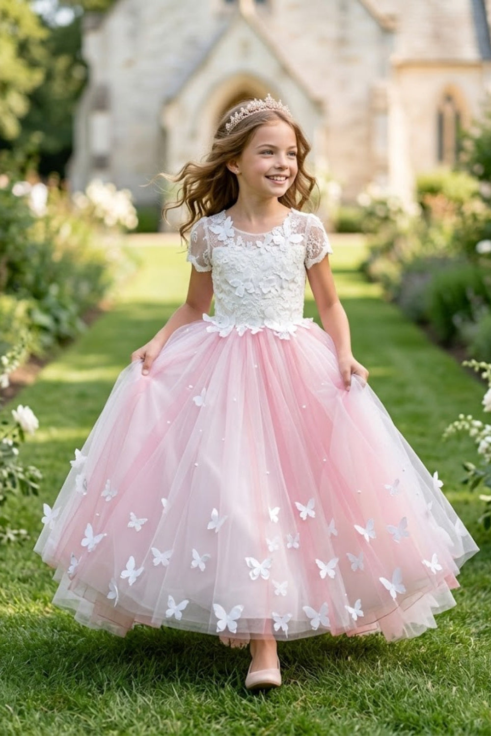 Pink A Line Round Neck Short Sleeve Lace Tulle Flower Girl Dress
