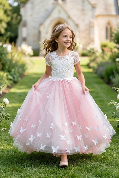 Pink A Line Round Neck Short Sleeve Lace Tulle Flower Girl Dress
