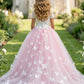 Pink A Line Round Neck Short Sleeve Lace Tulle Flower Girl Dress