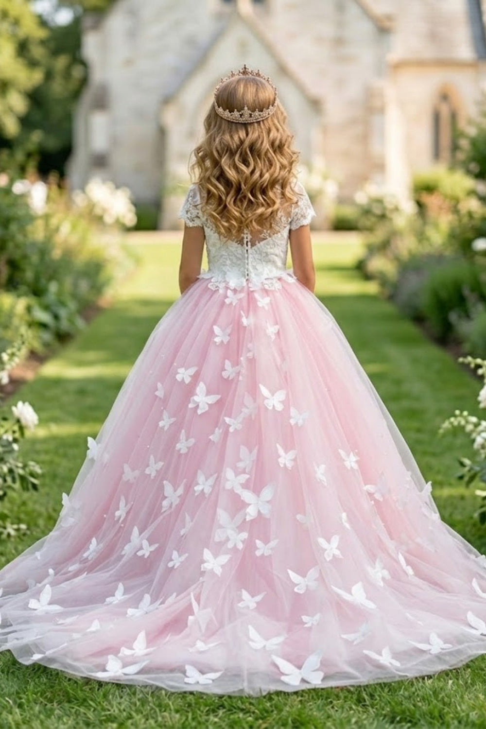 Pink A Line Round Neck Short Sleeve Lace Tulle Flower Girl Dress