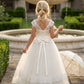 White A Line Round Neck Short Sleeve Tulle Flower Girl Dress with Lace