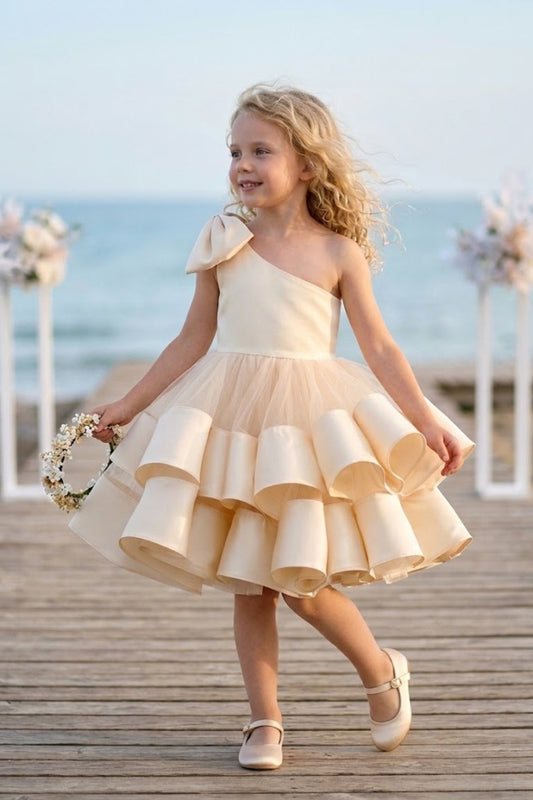Champagne A Line One Shoulder Sleeveless Satin Flower Girl Dress
