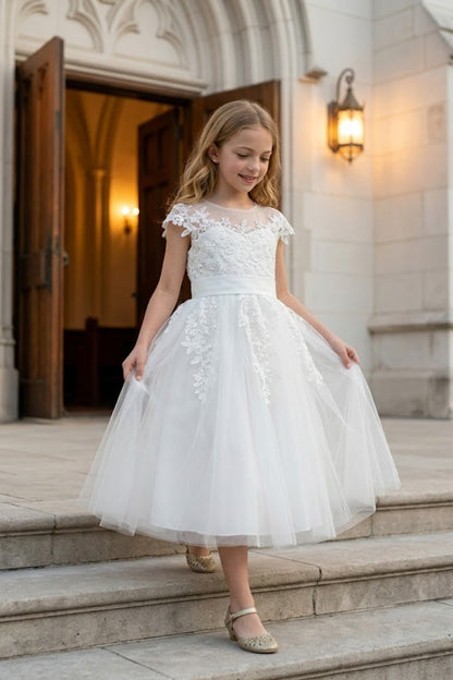 White A Line Round Neck Short Sleeve Lace Flower Girl Dress