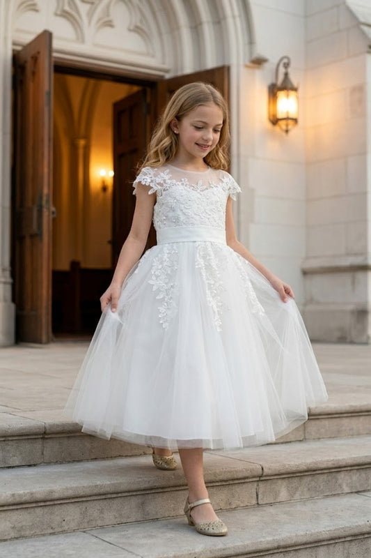 White A Line Round Neck Short Sleeve Lace Flower Girl Dress