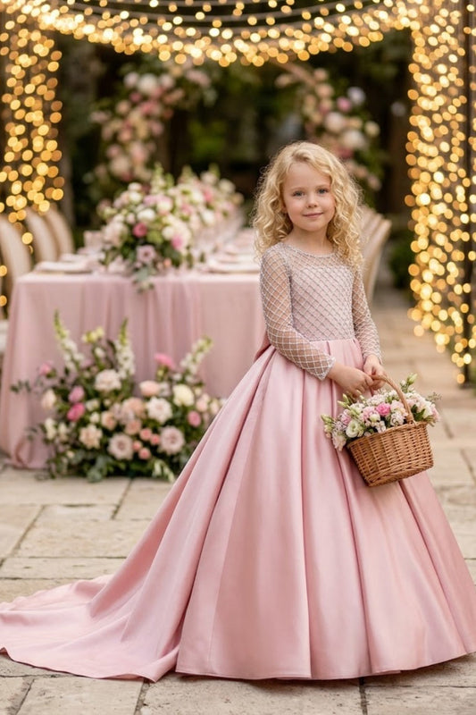 Pink A Line Round Neck Long Sleeve Satin Flower Girl Dress