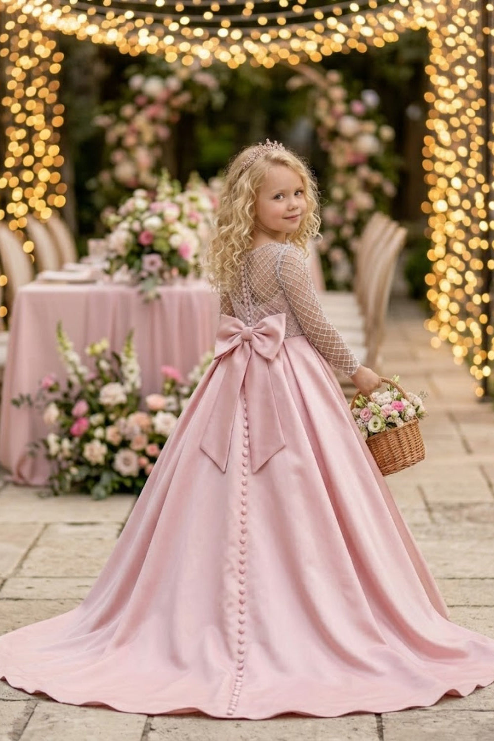 Pink A Line Round Neck Long Sleeve Satin Flower Girl Dress