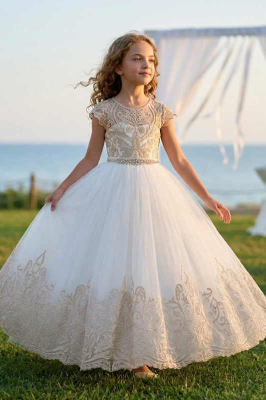 Champagne A Line Round Neck Short Sleeve Lace Tulle Flower Girl Dress