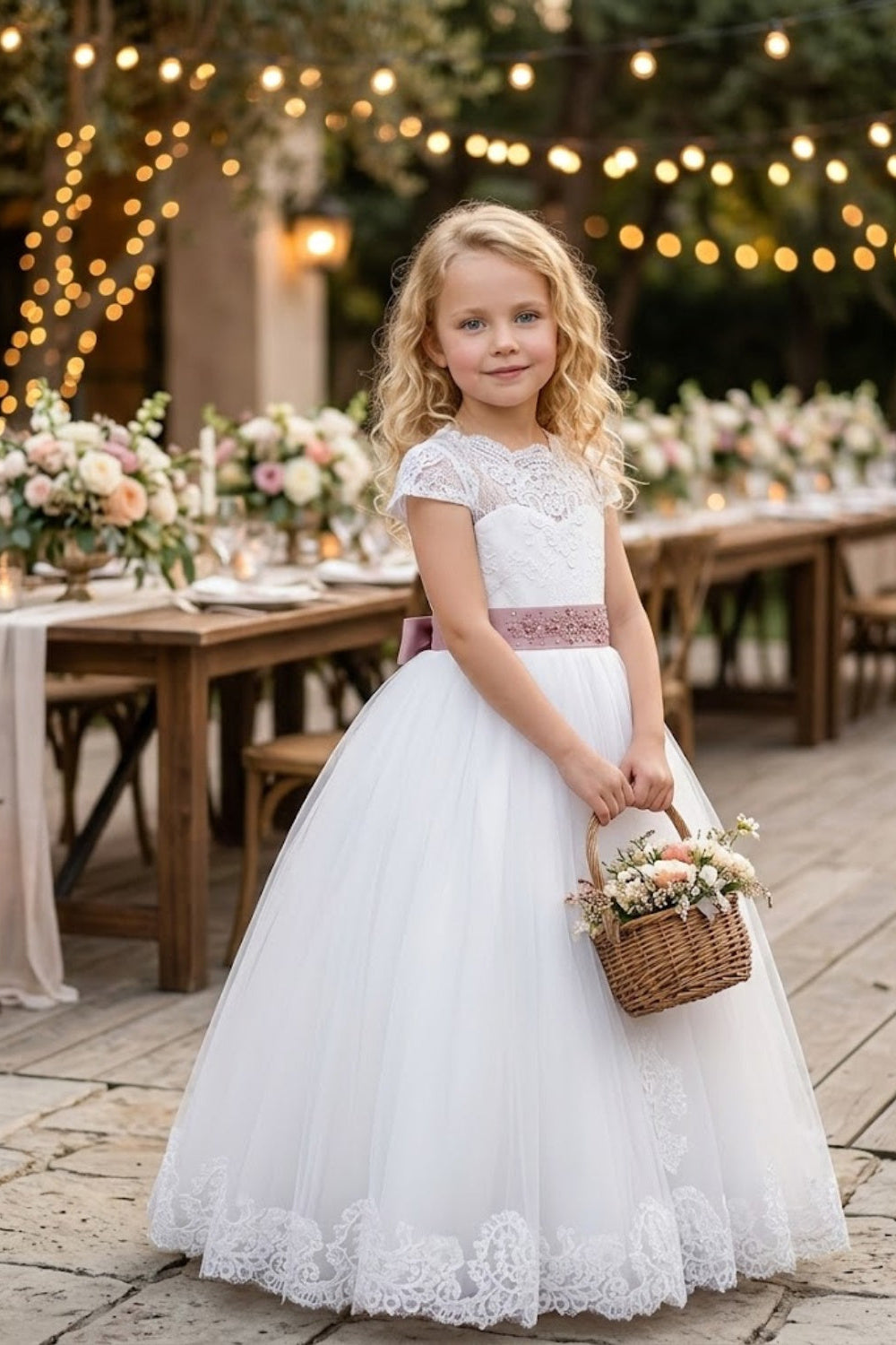 White A Line Round Neck Lace Tulle Flower Girl Dress with Lace