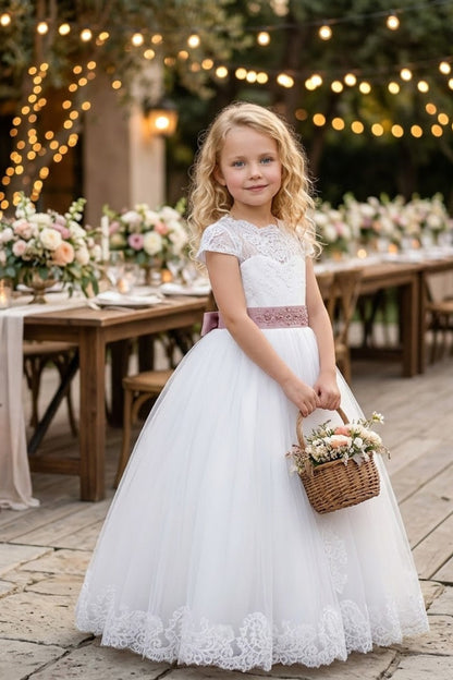 White A Line Round Neck Lace Tulle Flower Girl Dress with Lace