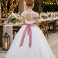 White A Line Round Neck Lace Tulle Flower Girl Dress with Lace