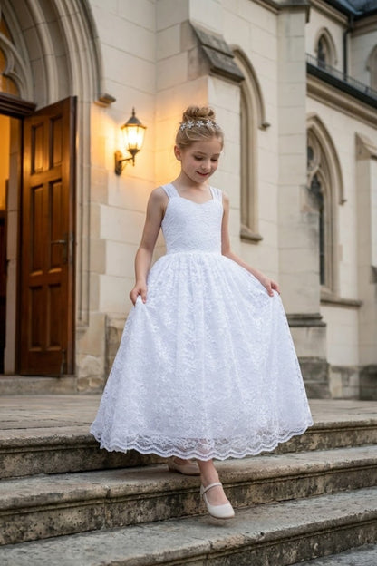 White A Line V Neck Sleeveless Lace Flower Girl Dress