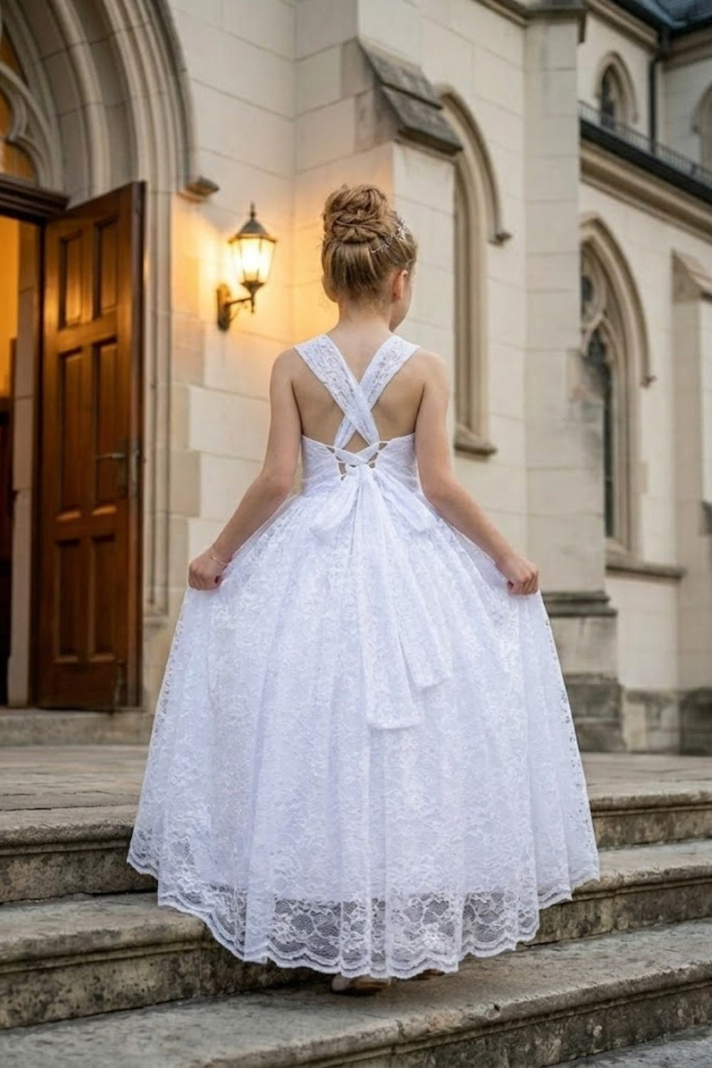 White A Line V Neck Sleeveless Lace Flower Girl Dress