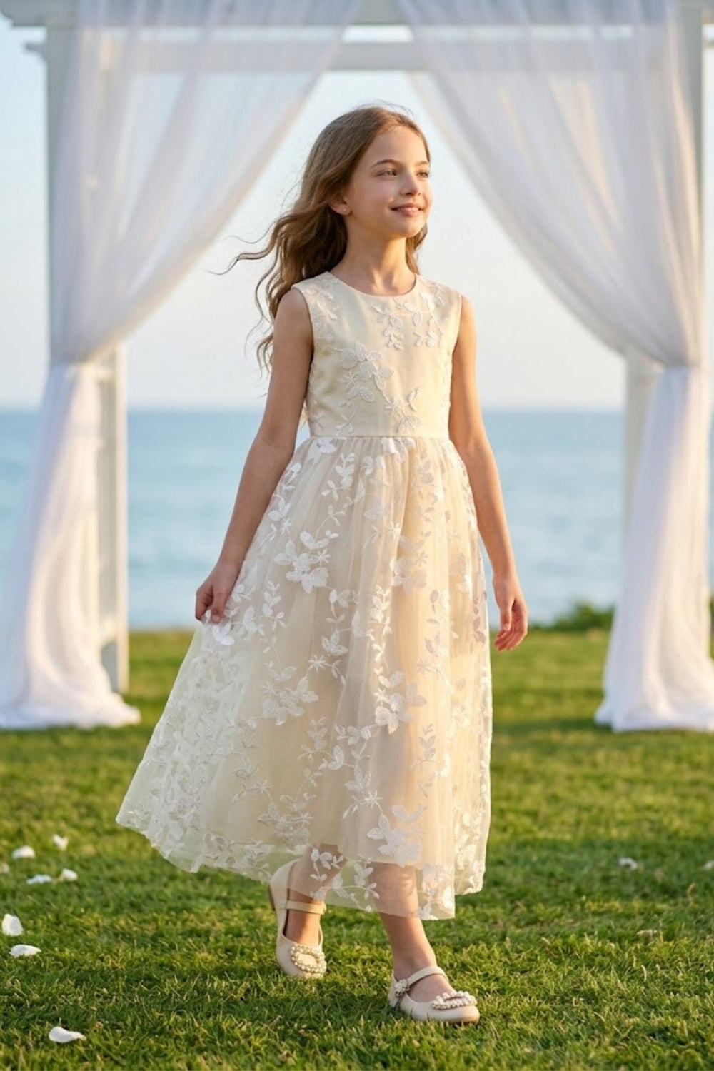 Champagne A Line Round Neck Sleeveless Tulle Flower Girl Dress