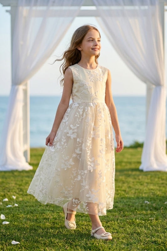 Champagne A Line Round Neck Sleeveless Tulle Flower Girl Dress