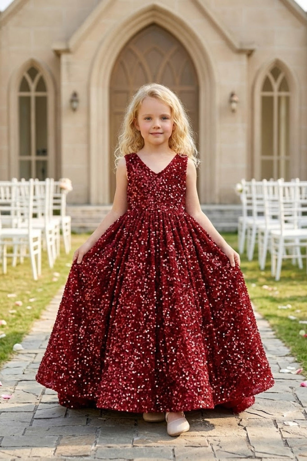 Red A Line V Neck Sleeveless Sequin Flower Girl Dress