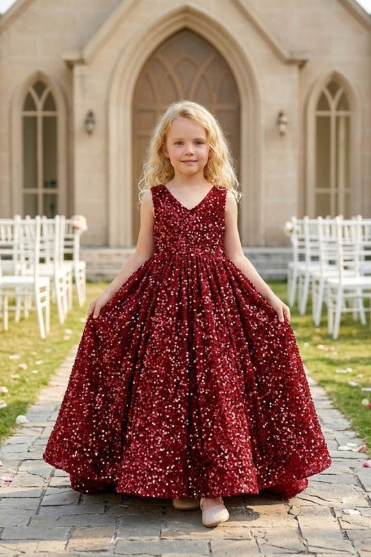 Red A Line V Neck Sleeveless Sequin Flower Girl Dress