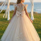 Champagne A Line Round Neck Short Sleeve Lace Tulle Flower Girl Dress