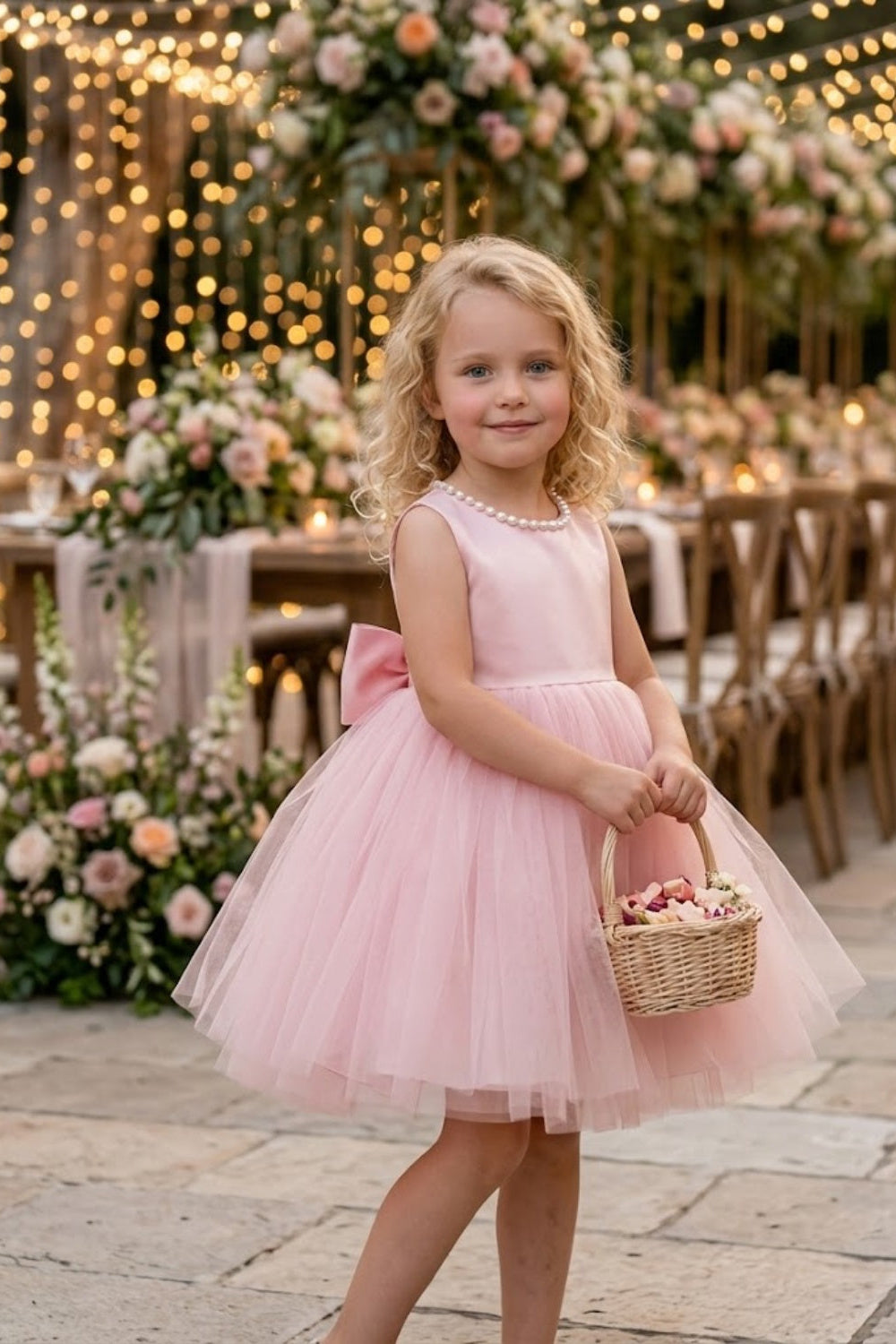 Pink A Line Round Neck Sleeveless Satin Tulle Flower Girl Dress