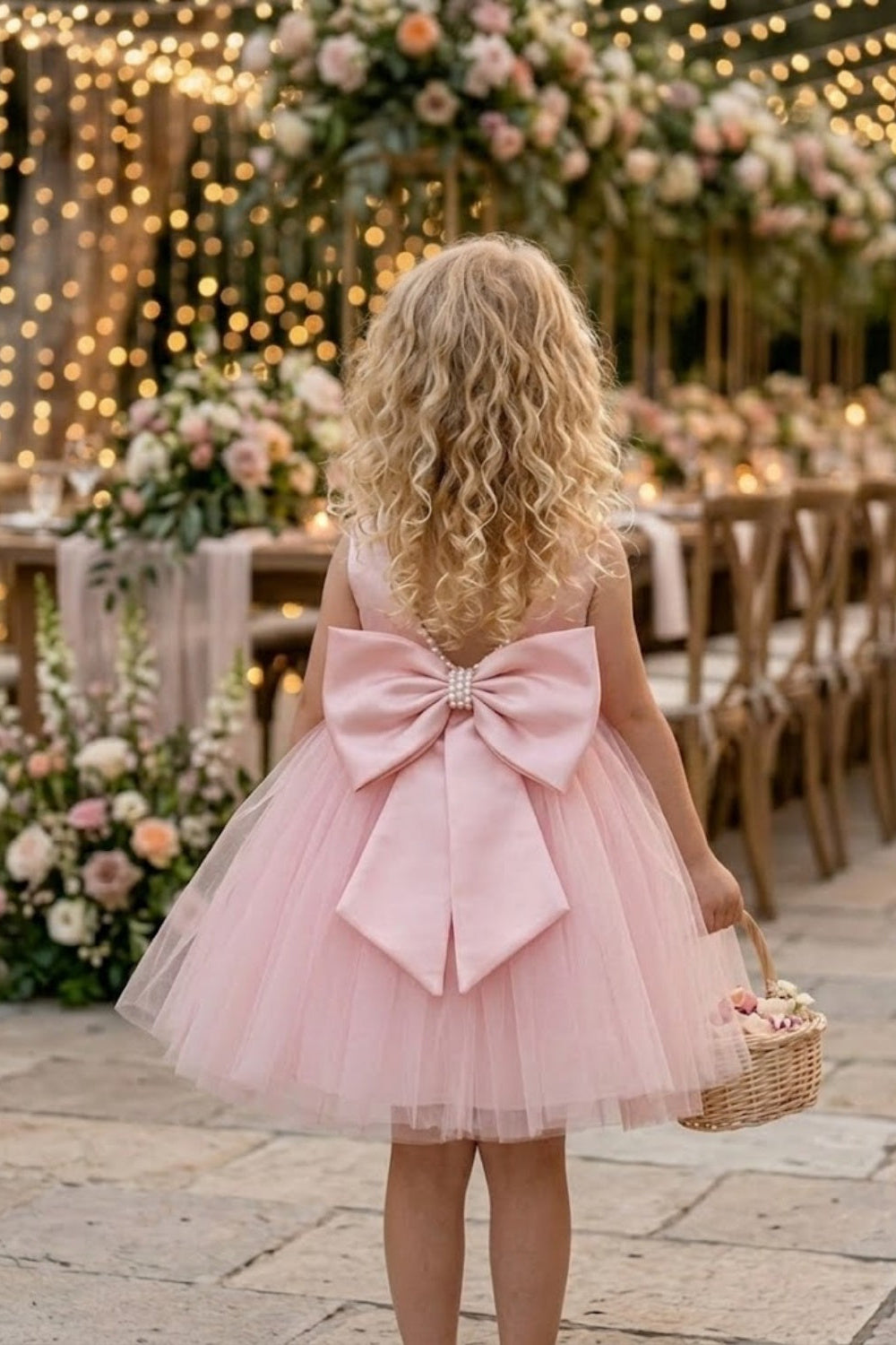Pink A Line Round Neck Sleeveless Satin Tulle Flower Girl Dress