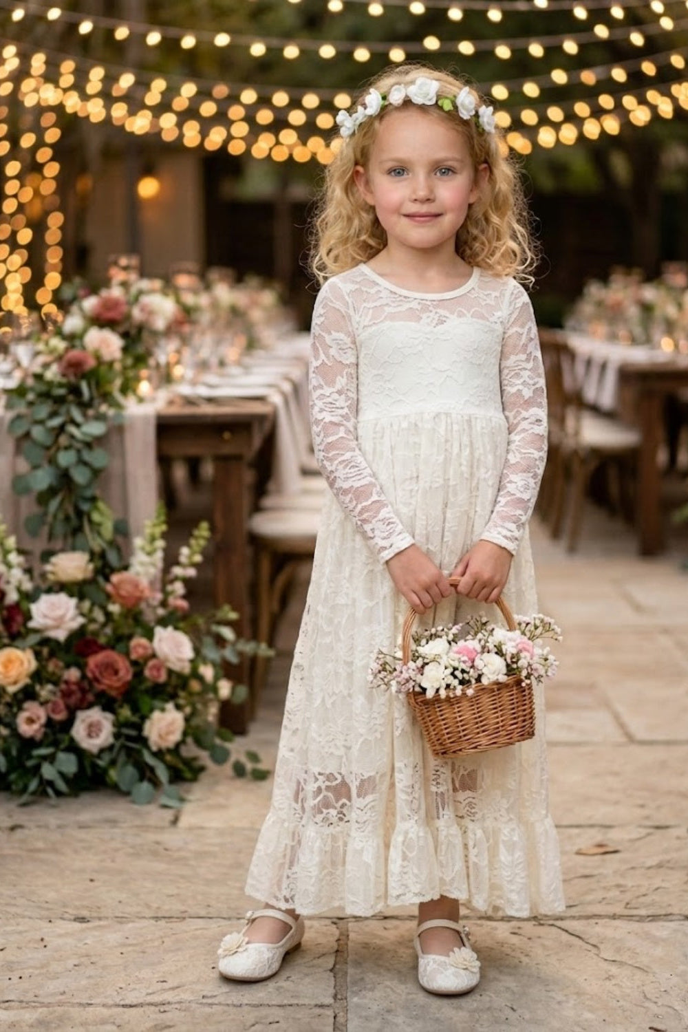 Ivory A Line Round Neck Long Sleeve Lace Flower Girl Dress