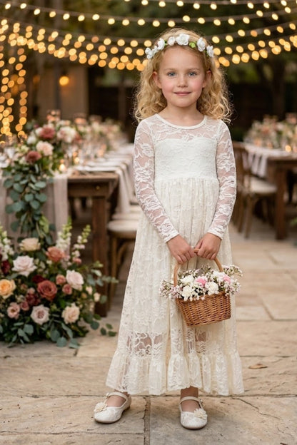 Ivory A Line Round Neck Long Sleeve Lace Flower Girl Dress