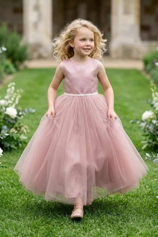 Pink A Line Round Neck Sleeveless Satin Tulle Flower Girl Dress