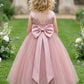Pink A Line Round Neck Sleeveless Satin Tulle Flower Girl Dress