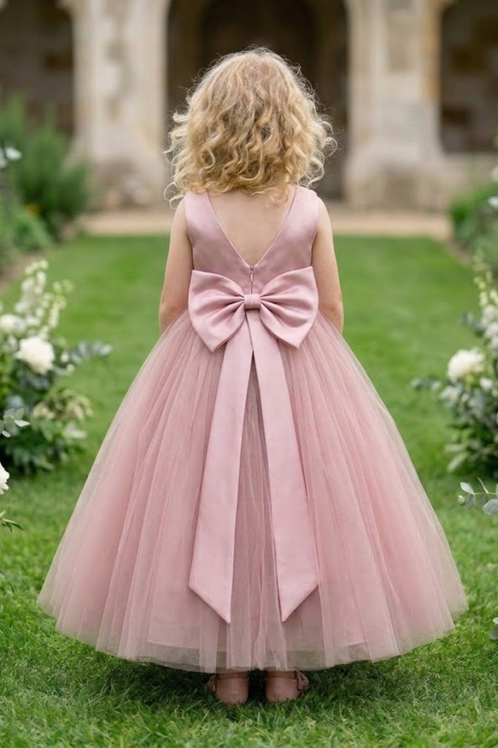 Pink A Line Round Neck Sleeveless Satin Tulle Flower Girl Dress