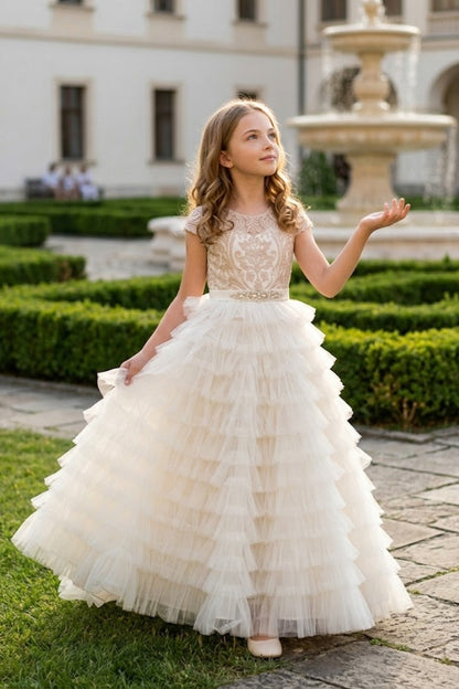White A Line Round Neck Short Sleeve Lace Tulle Flower Girl Dress