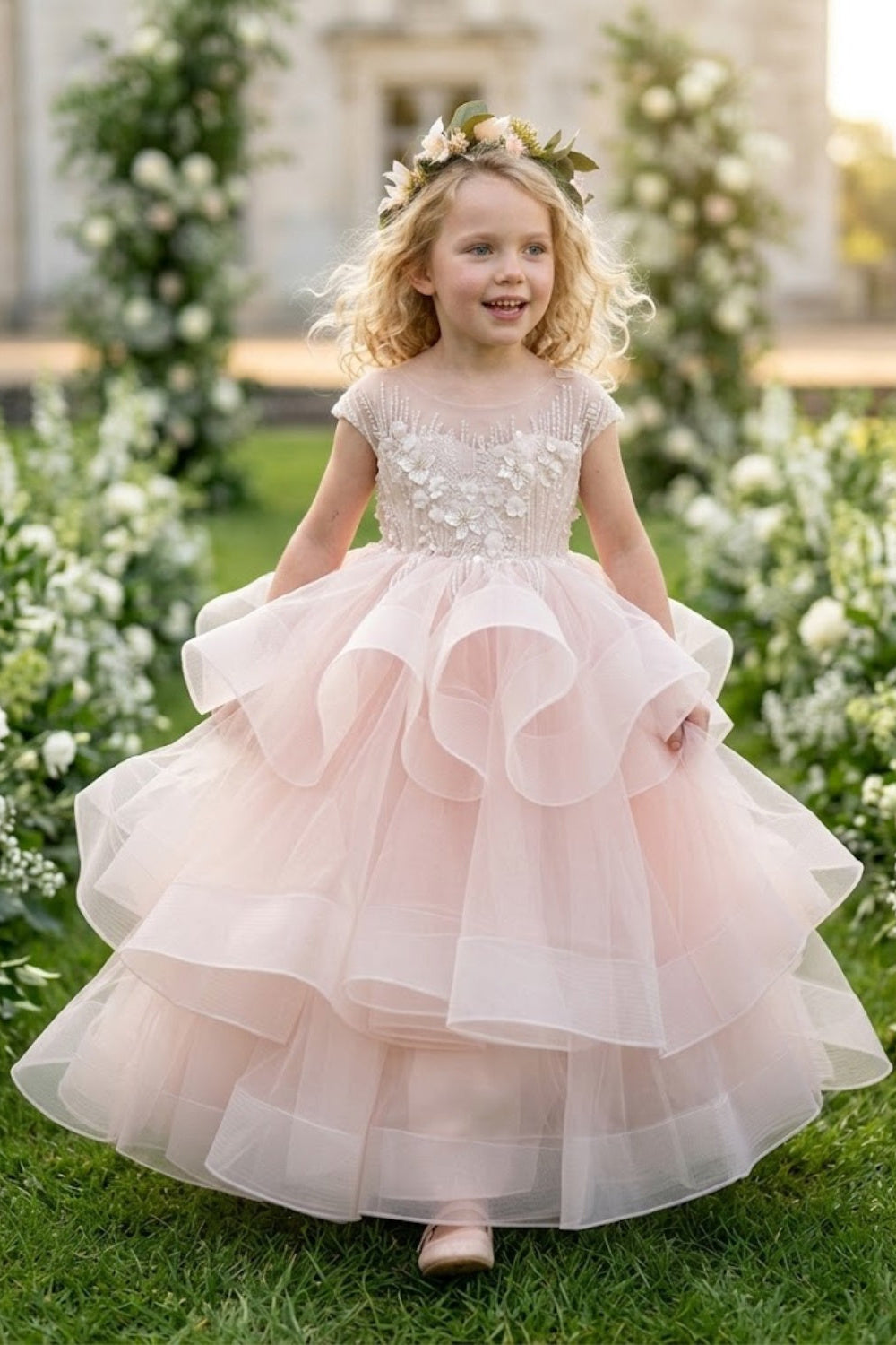 Pink A Line Round Neck Short Sleeve Lace Tulle Flower Girl Dress