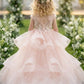 Pink A Line Round Neck Short Sleeve Lace Tulle Flower Girl Dress