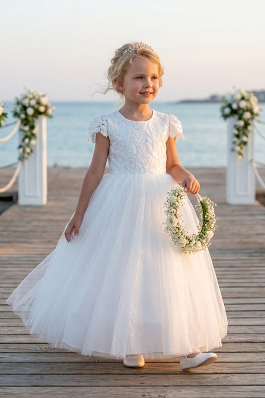 White A Line Round Neck Lace Tulle Flower Girl Dress