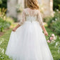 White A Line Round Neck Long Sleeve Lace Tulle Flower Girl Dress