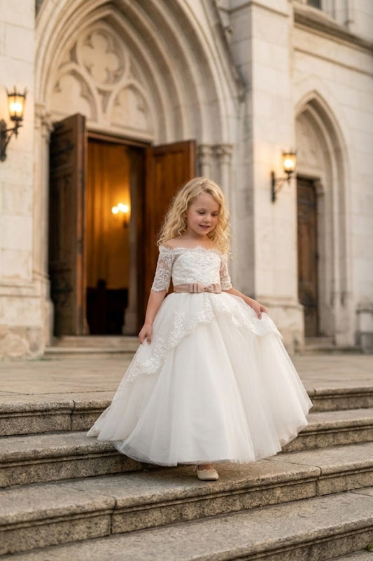 White A Line Off Shoulder Half Sleeve Lace Tulle Flower Girl Dress