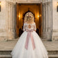 White A Line Off Shoulder Half Sleeve Lace Tulle Flower Girl Dress