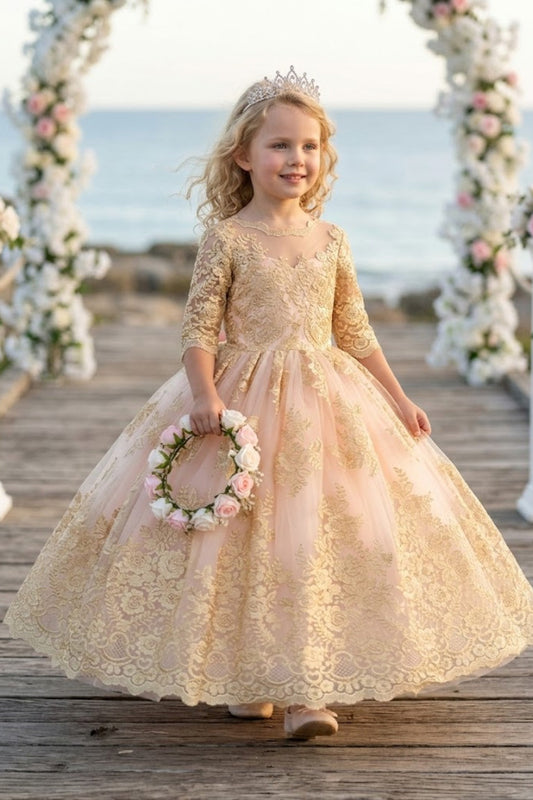 Champagne A Line Round Neck Half Sleeve Lace Tulle Flower Girl Dress