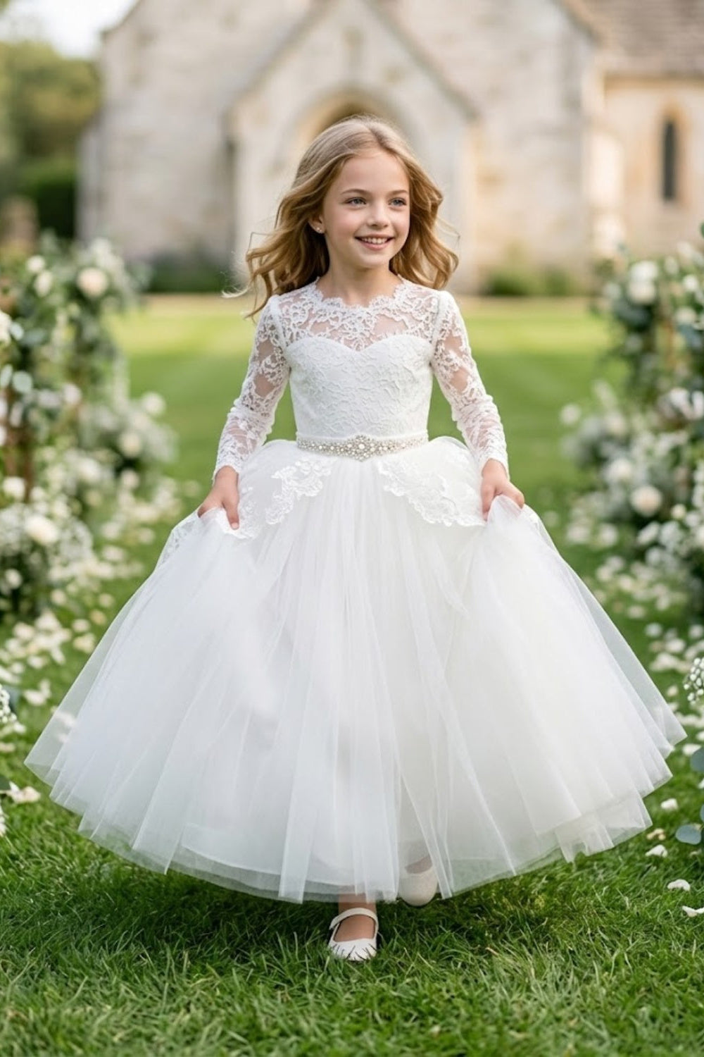 White A Line Round Neck Long Sleeve Lace Tulle Flower Girl Dress