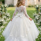 White A Line Round Neck Long Sleeve Lace Tulle Flower Girl Dress