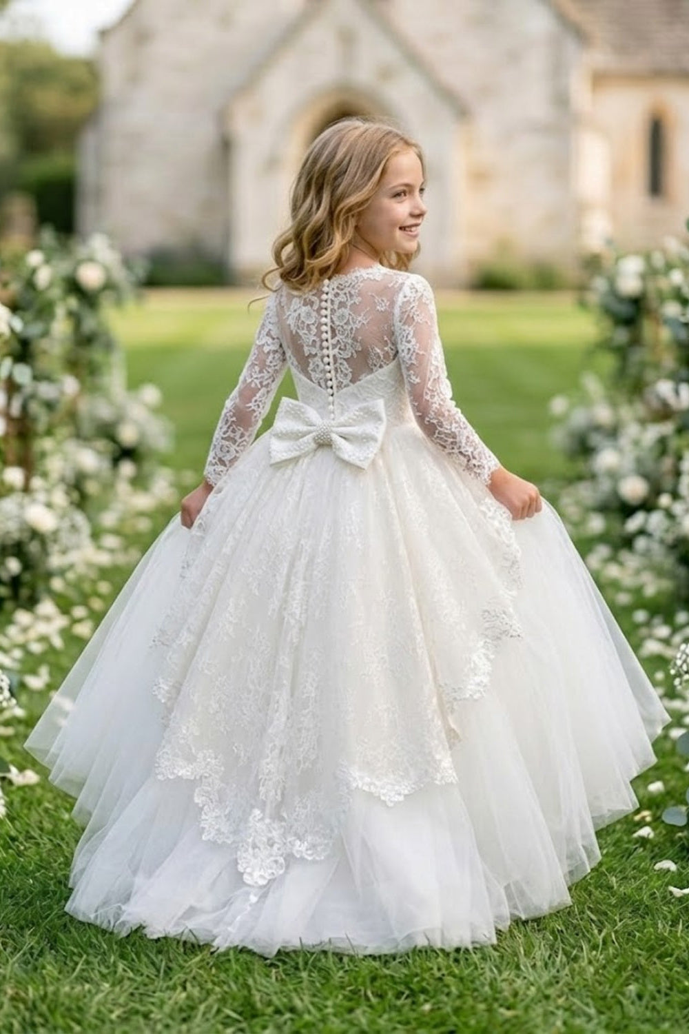 White A Line Round Neck Long Sleeve Lace Tulle Flower Girl Dress