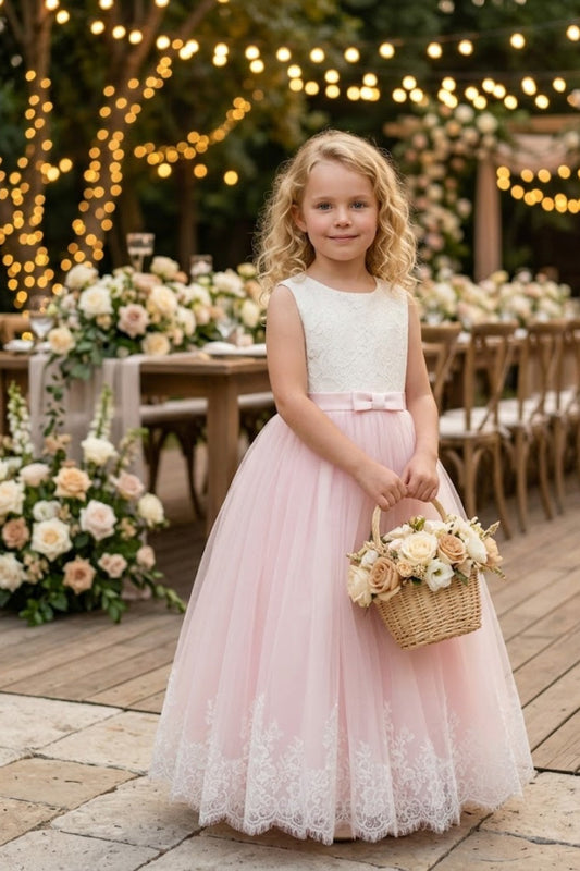 Pink A Line Round Neck Sleeveless Lace Tulle Flower Girl Dress