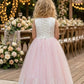 Pink A Line Round Neck Sleeveless Lace Tulle Flower Girl Dress