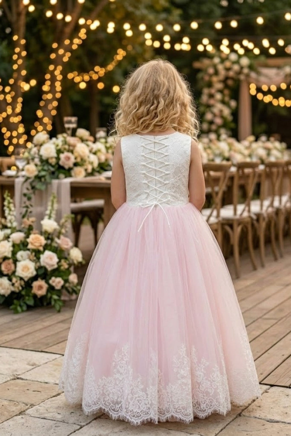 Pink A Line Round Neck Sleeveless Lace Tulle Flower Girl Dress