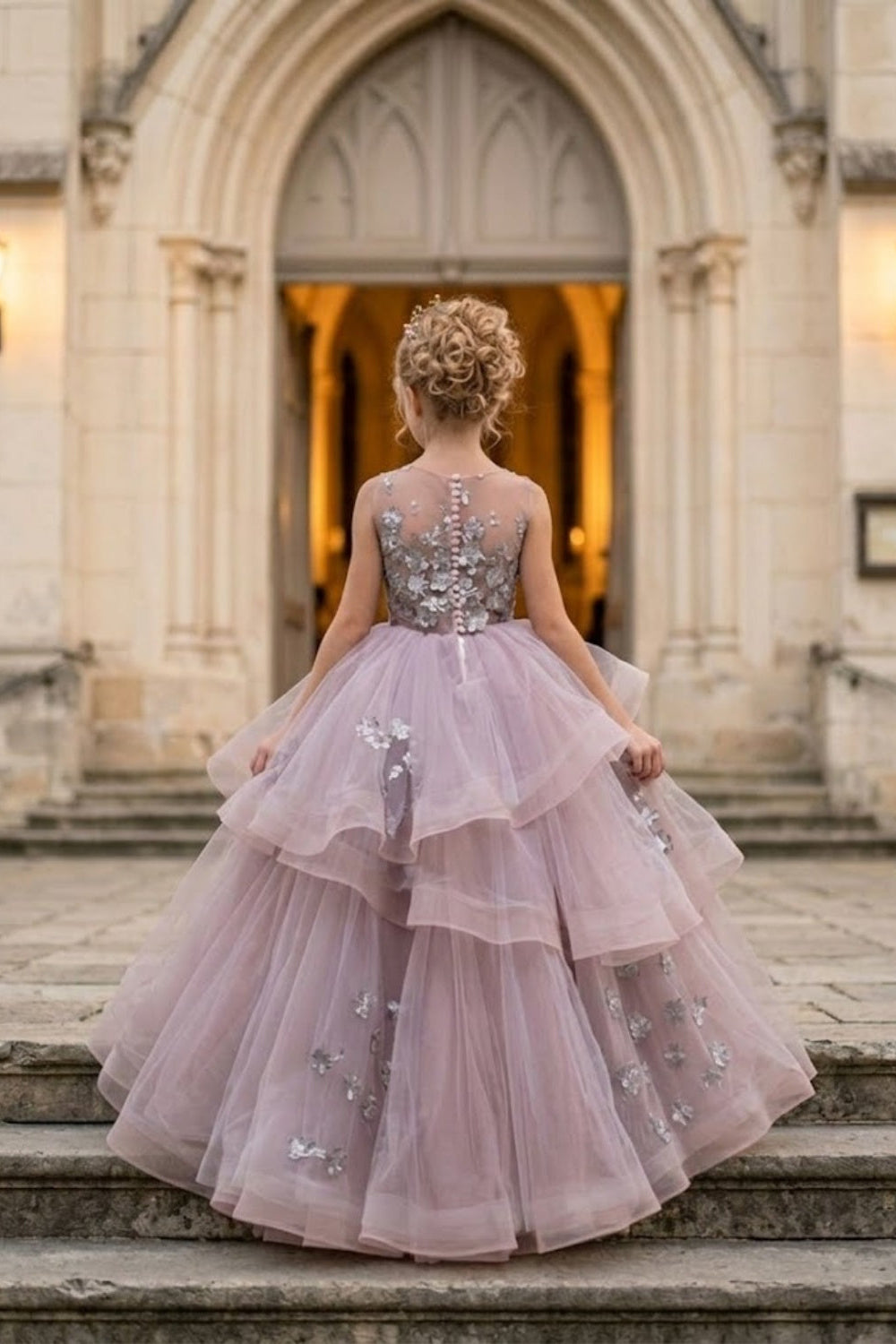 Purple A Line Round Neck Sleeveless Tulle Flower Girl Dress