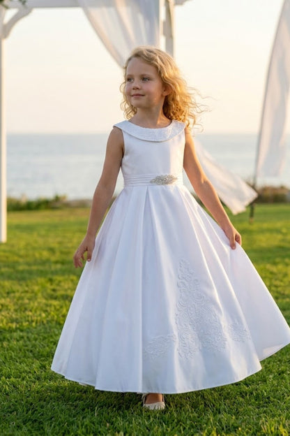 White A Line Peter Pan Collar Sleeveless Satin Flower Girl Dress