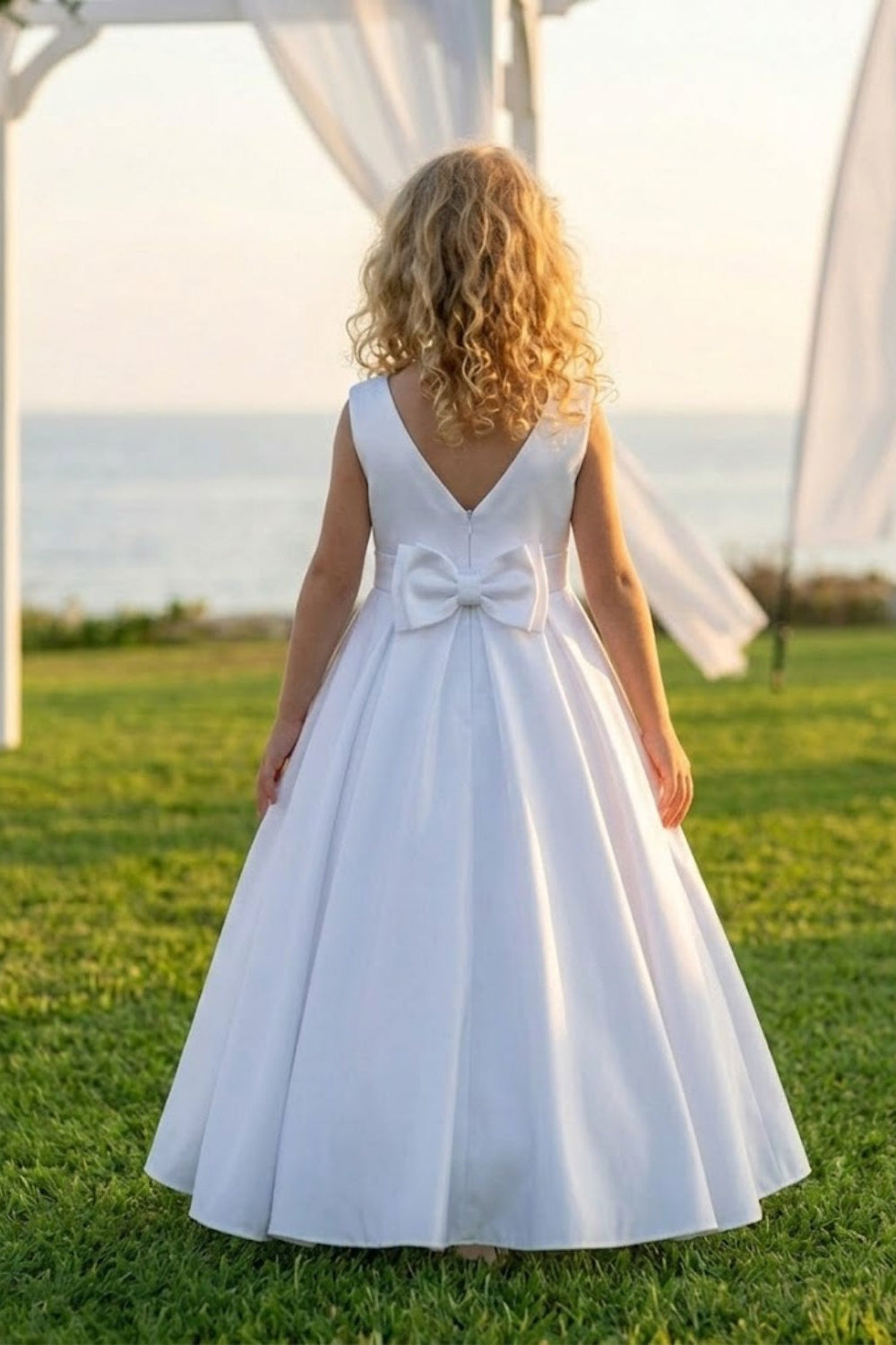 White A Line Peter Pan Collar Sleeveless Satin Flower Girl Dress