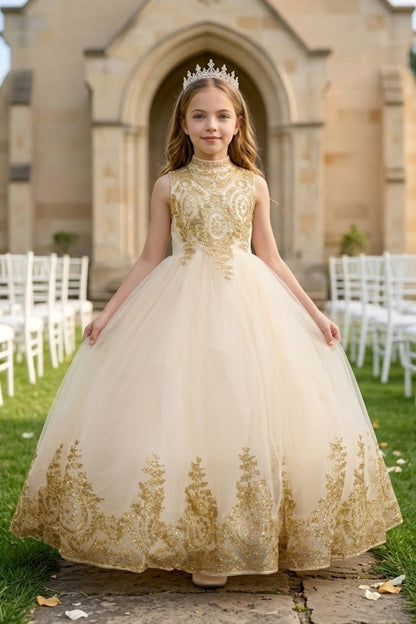 Champagne A Line High Neck Sleeveless Lace Tulle Flower Girl Dress