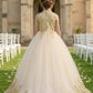 Champagne A Line High Neck Sleeveless Lace Tulle Flower Girl Dress
